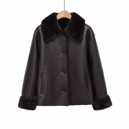 Sunzel Women's Faux Leather Jacket with Faux Fur Collar, Oversized Long Sleeve Winter Coat, Button Front, Pockets, Black Brown