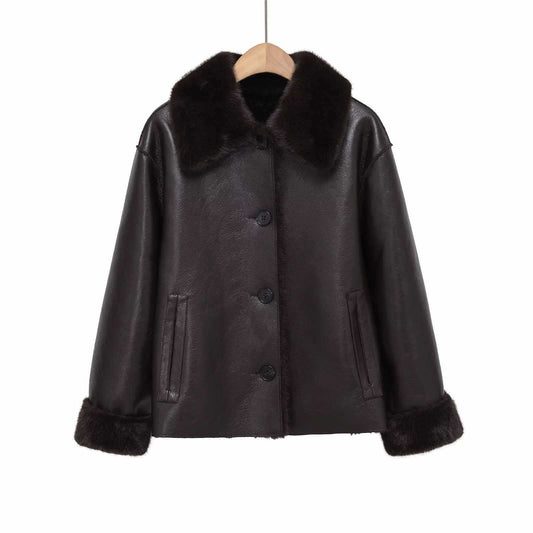 Sunzel Women's Faux Leather Jacket with Faux Fur Collar, Oversized Long Sleeve Winter Coat, Button Front, Pockets, Black Brown