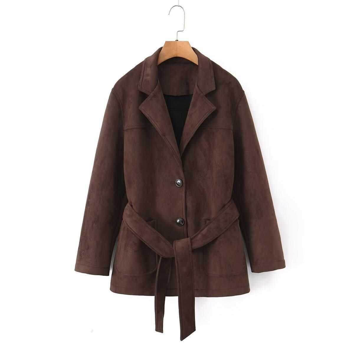 Sunzel Womens Brown Trench Coat with Belt, Suede Look Lapel Fall Outerwear, Button Front Short Dress Coat with Pockets