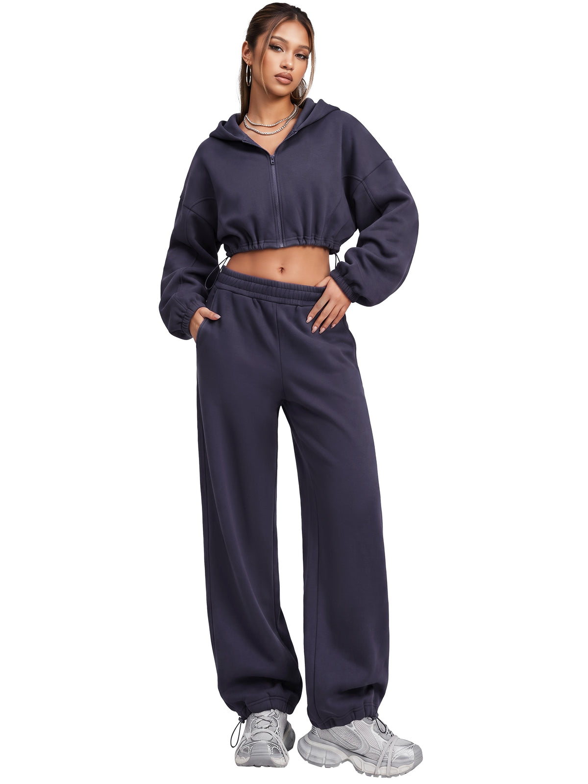Sunzel Women's Two Piece Sweat Set Cropped Zip-Up Hoodie and Wide-Leg Pants