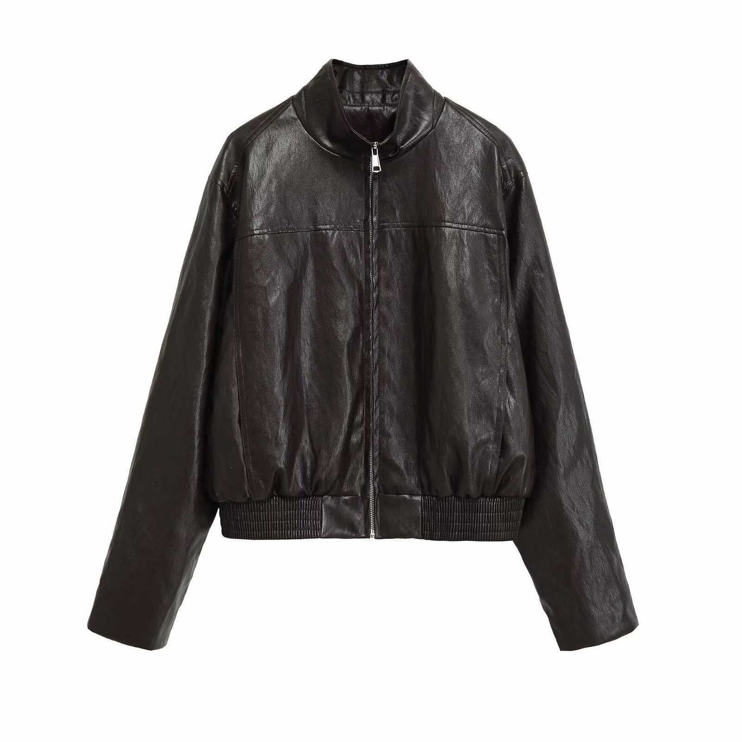 Sunzel Faux Leather Jacket Women Cropped Bomber Jacket Zip Up Motorcycle Coat with Stand Collar Long Sleeve Pockets Black