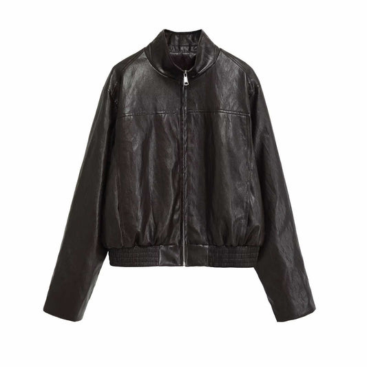 Sunzel Faux Leather Jacket Women Cropped Bomber Jacket Zip Up Motorcycle Coat with Stand Collar Long Sleeve Pockets Black