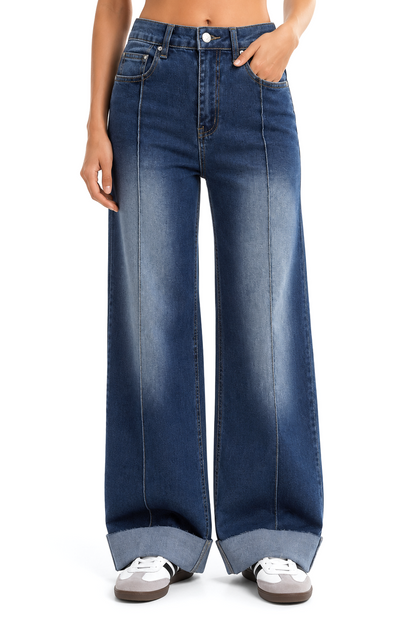 Sunzel Women’s High Waisted Cuffed Hem Jeans, Wide Leg Straight Denim Pants