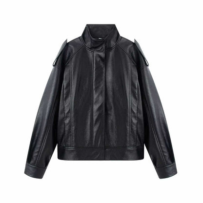 Sunzel Faux Leather Bomber Jacket Women Black Long Sleeve Zip Up Fall Streetwear Moto Coat with Pockets, Smooth Cropped Fit