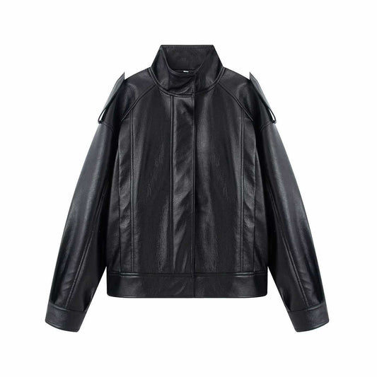 Sunzel Faux Leather Bomber Jacket Women Black Long Sleeve Zip Up Fall Streetwear Moto Coat with Pockets, Smooth Cropped Fit