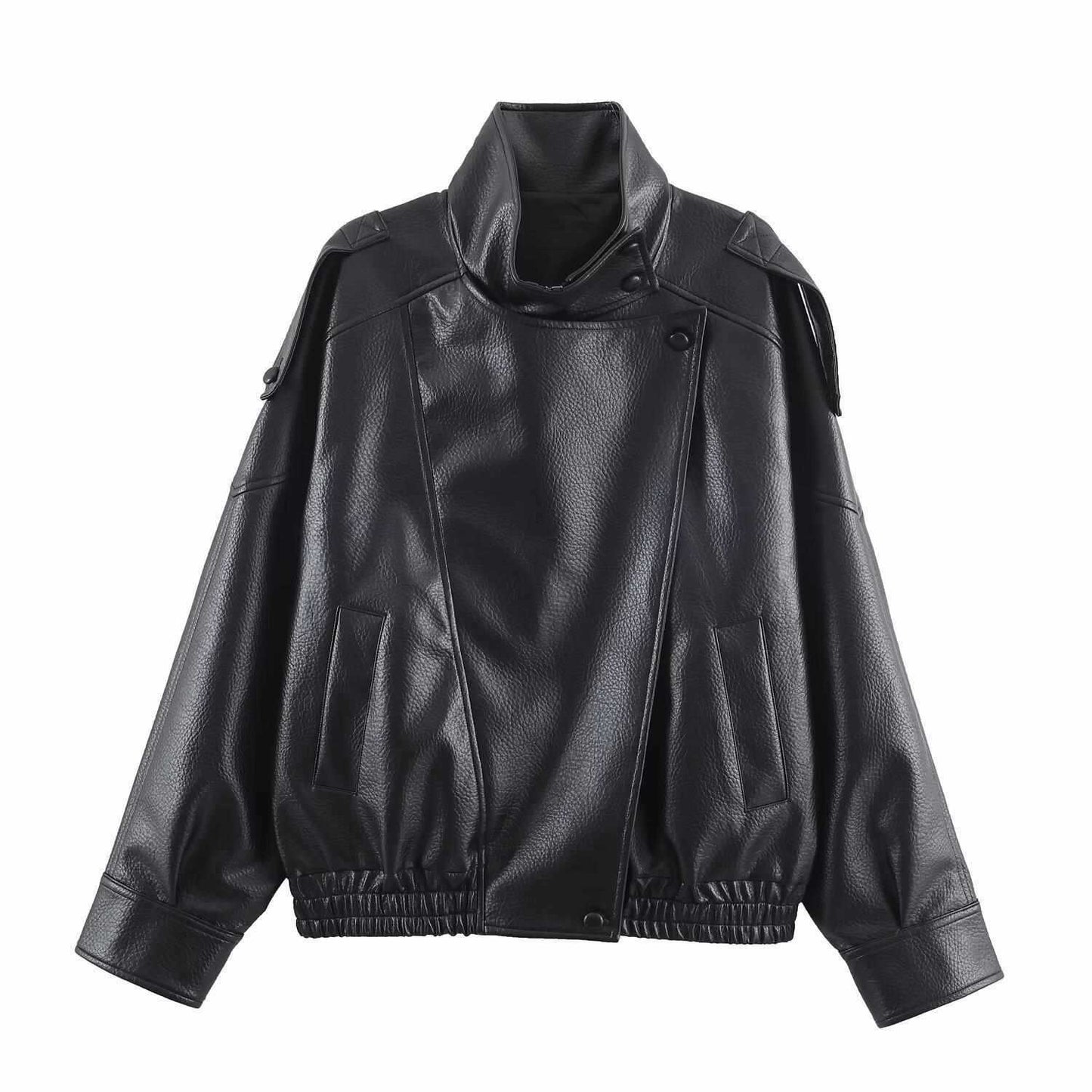 Sunzel Womens Moto Jacket Cropped Bomber Coat Stand Collar Oversized Fall Winter Outerwear with Pockets Smooth Going Out Zip Up