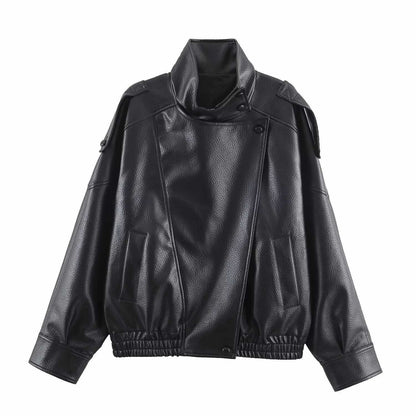 Sunzel Womens Moto Jacket Cropped Bomber Coat Stand Collar Oversized Fall Winter Outerwear with Pockets Smooth Going Out Zip Up
