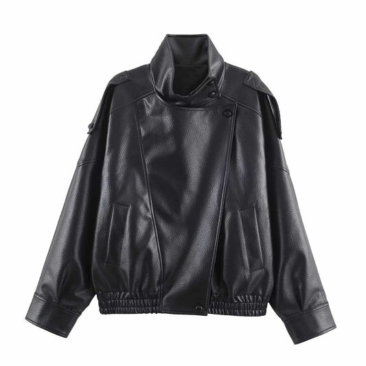 Sunzel Womens Moto Jacket Cropped Bomber Coat Stand Collar Oversized Fall Winter Outerwear with Pockets Smooth Going Out Zip Up