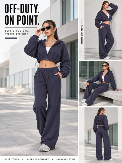 Sunzel Women's Two Piece Sweat Set Cropped Zip-Up Hoodie and Wide-Leg Pants