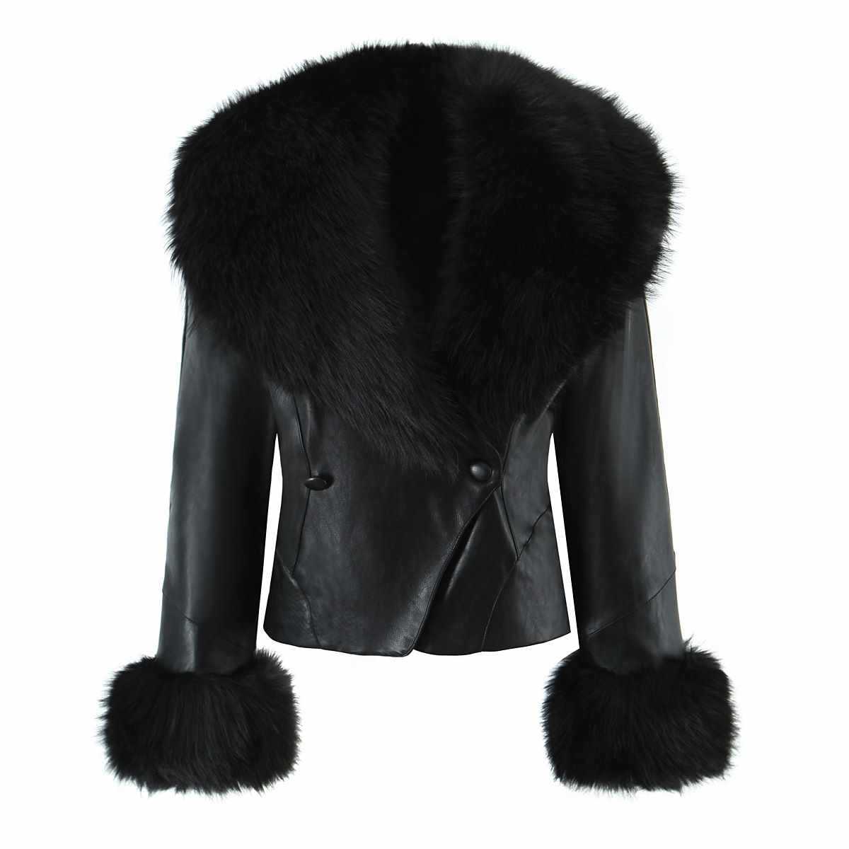 Sunzel Women's Faux Leather Jacket with Faux Fur Collar Cuffs, Long Sleeve Corset Lace-Up Back Cropped Moto Coat