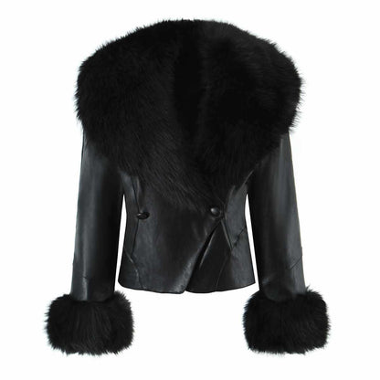 Sunzel Women's Faux Leather Jacket with Faux Fur Collar Cuffs, Long Sleeve Corset Lace-Up Back Cropped Moto Coat
