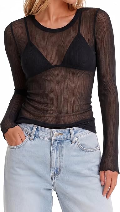 Sunzel Women's Sheer Long Sleeve Fitted Mesh Layering Top for Bralette | Lightweight Cotton-Blend Knit, Soft Stretch, Semi-Sheer Coverage, Lettuce Cuffs, Regular Length For Beach and Casual Wear