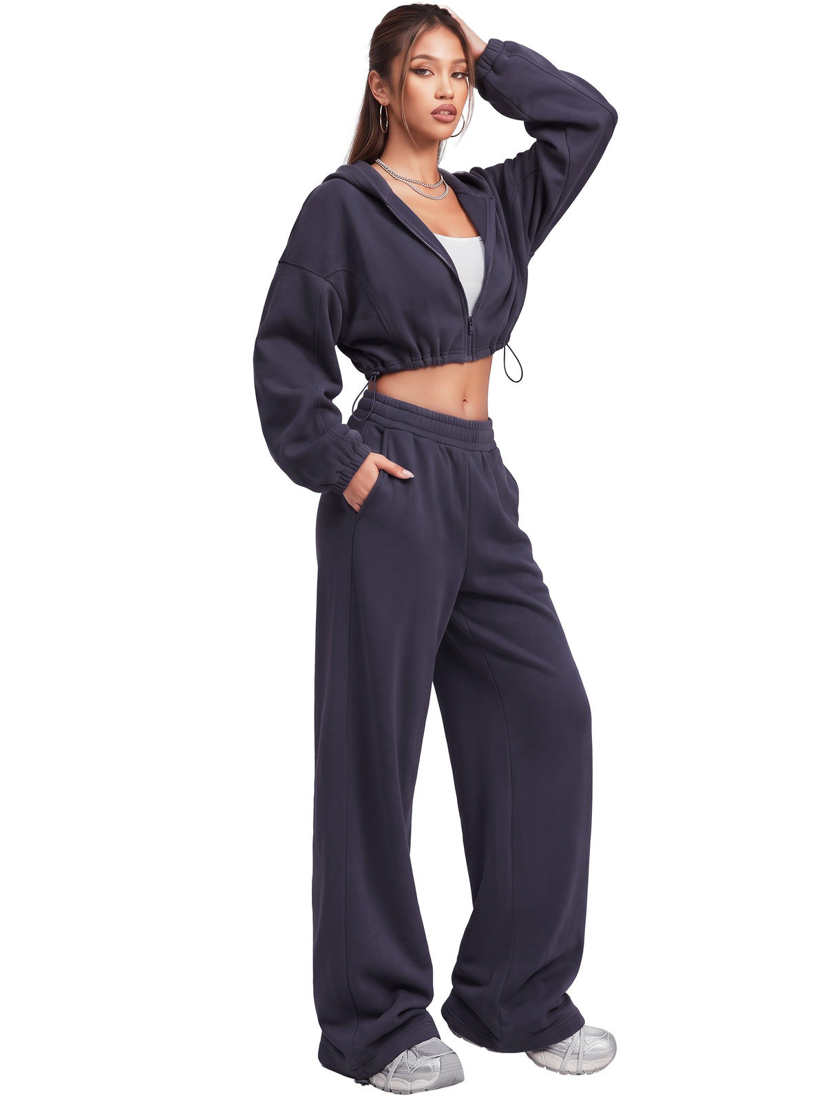 Sunzel Women's Two Piece Sweat Set Cropped Zip-Up Hoodie and Wide-Leg Pants
