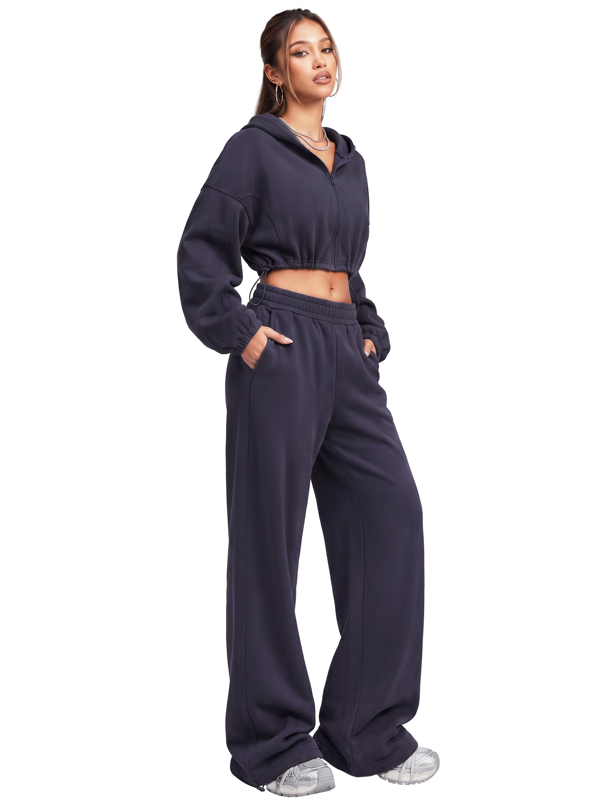 Sunzel Women's Two Piece Sweat Set Cropped Zip-Up Hoodie and Wide-Leg Pants