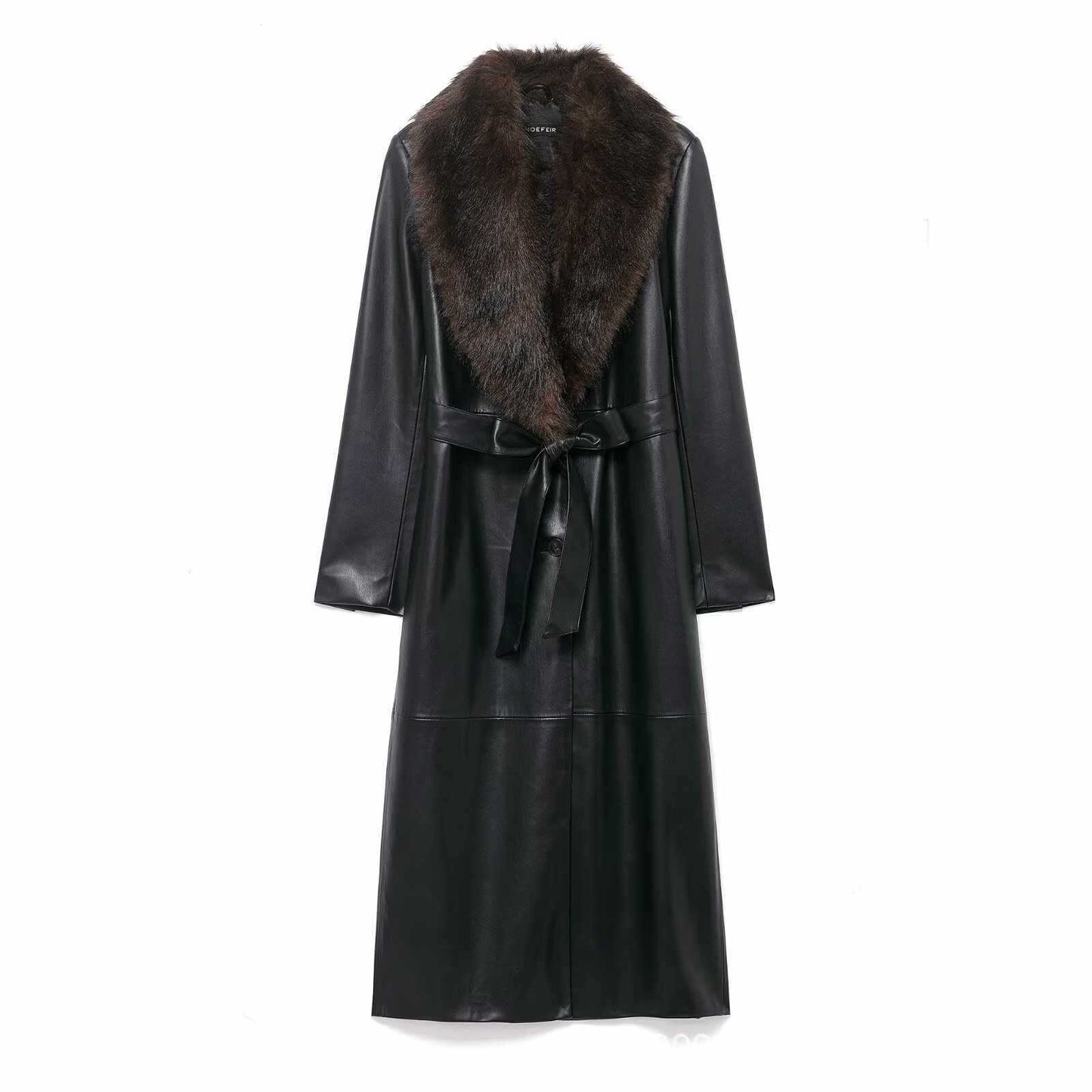 Sunzel Women Black Faux Leather Long Coat Faux Fur Collar Belted Trench Overcoat Elegant Winter Longline Wrap Jacket