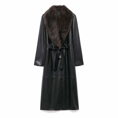 Sunzel Women Black Faux Leather Long Coat Faux Fur Collar Belted Trench Overcoat Elegant Winter Longline Wrap Jacket