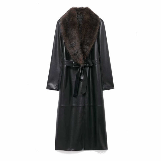 Sunzel Women Black Faux Leather Long Coat Faux Fur Collar Belted Trench Overcoat Elegant Winter Longline Wrap Jacket