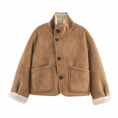 Sunzel Womens Reversible Sherpa Coat, Camel Suede Look Short Trench Outerwear, Stand Collar Button Front Jacket with Pockets