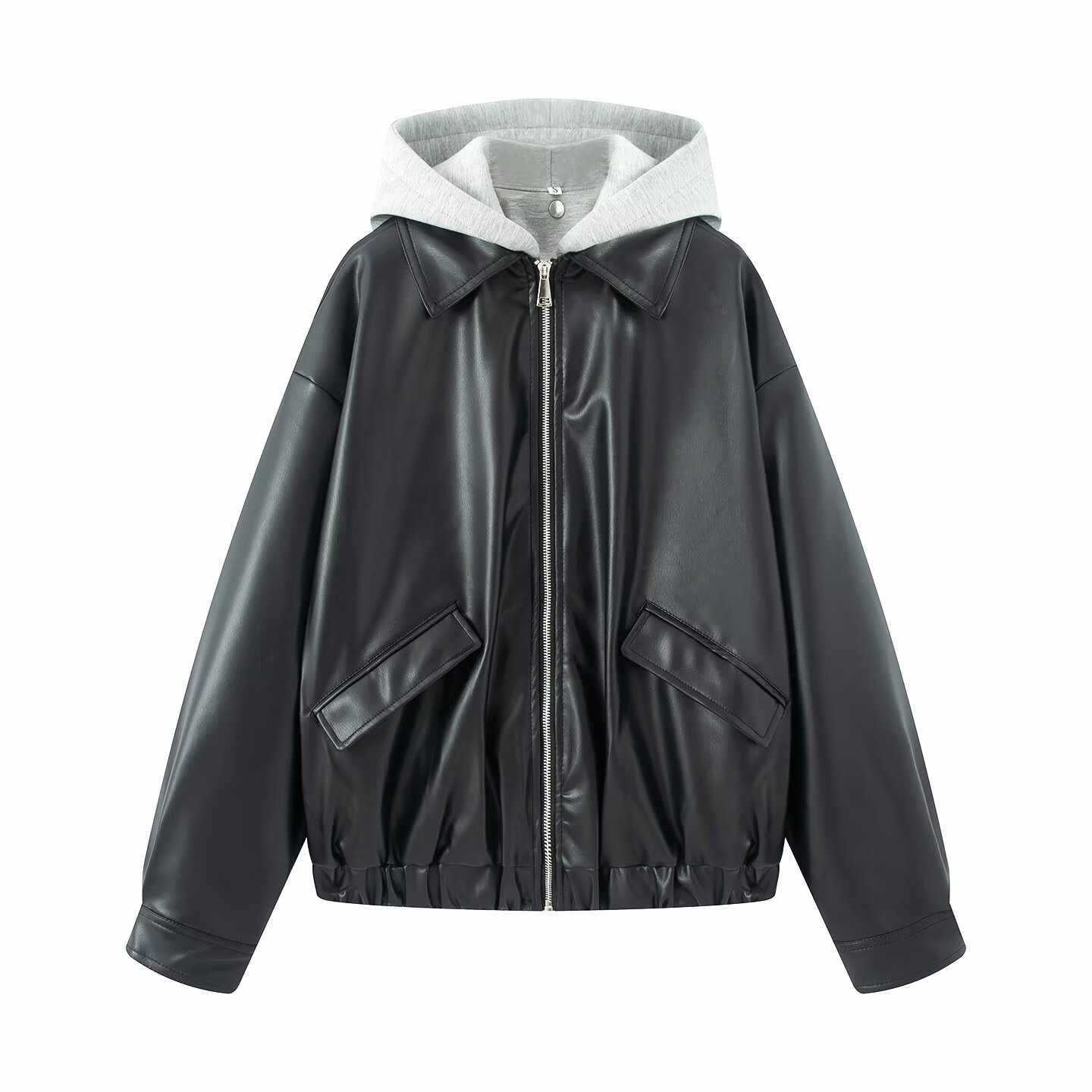 Sunzel Womens Hooded Bomber Jacket Cropped Black Zip Up Coat, Oversized Moto Style Casual Fall Winter Outerwear with Pockets