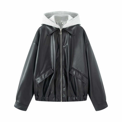 Sunzel Womens Hooded Bomber Jacket Cropped Black Zip Up Coat, Oversized Moto Style Casual Fall Winter Outerwear with Pockets