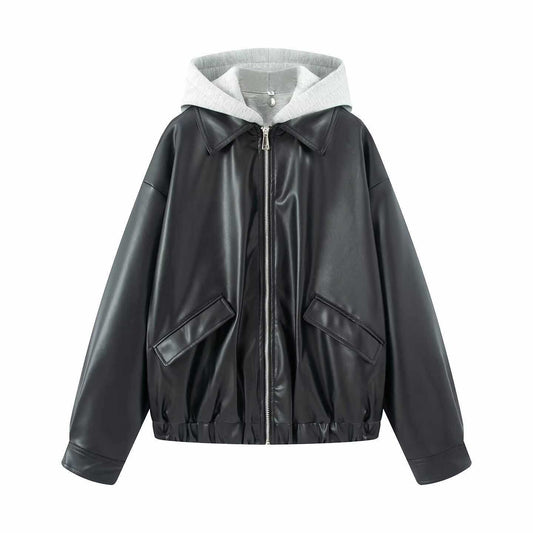 Sunzel Womens Hooded Bomber Jacket Cropped Black Zip Up Coat, Oversized Moto Style Casual Fall Winter Outerwear with Pockets