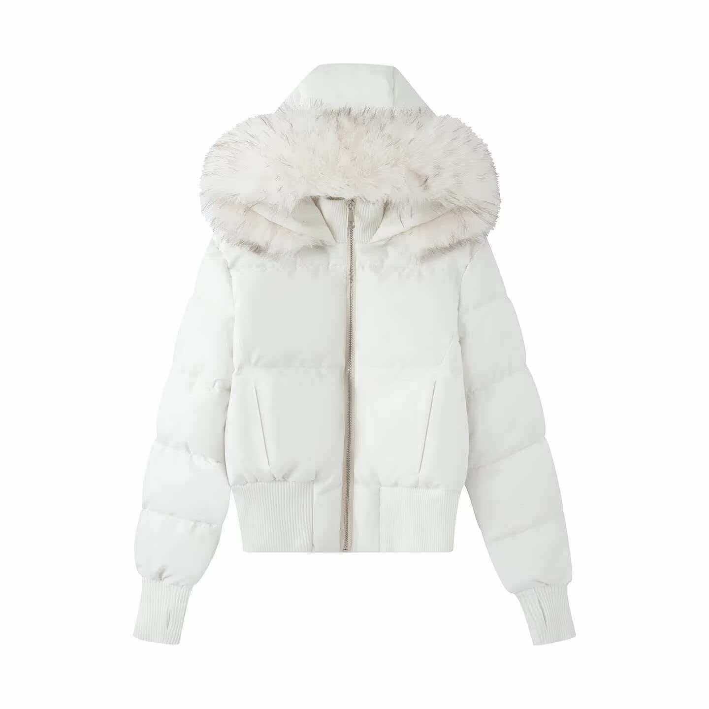 Sunzel Womens Cropped Puffer Coat with Faux Fur Hood, Black Zip Up Winter Outerwear, Warm Short Parka with Ribbed Cuffs Pockets