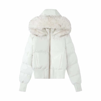 Sunzel Womens Cropped Puffer Coat with Faux Fur Hood, Black Zip Up Winter Outerwear, Warm Short Parka with Ribbed Cuffs Pockets