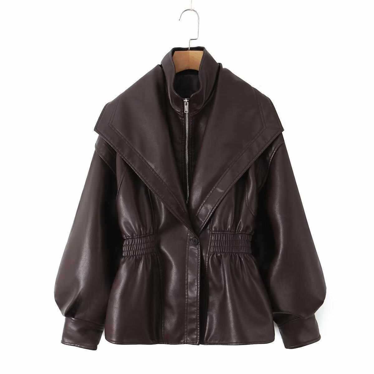 Sunzel Faux Moto Jacket for Women Cropped Zip Up Coat with Belted Waist, Oversized Lapel, Pockets, Smoothing Fall Streetwear