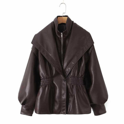 Sunzel Faux Moto Jacket for Women Cropped Zip Up Coat with Belted Waist, Oversized Lapel, Pockets, Smoothing Fall Streetwear