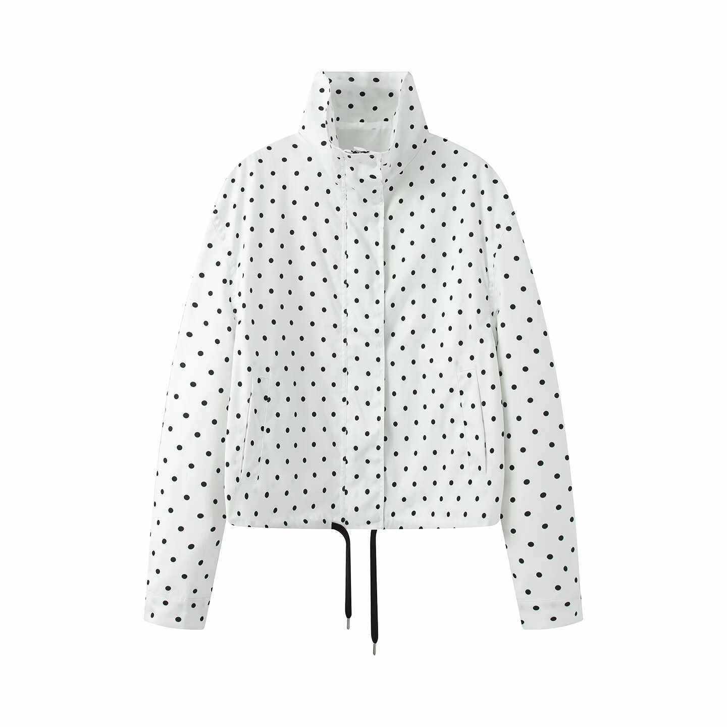 Sunzel Womens Polka Dot Coat, White Stand Collar Short Fall Outerwear, Long Sleeve Drawstring Hem Dress Coat with Pockets