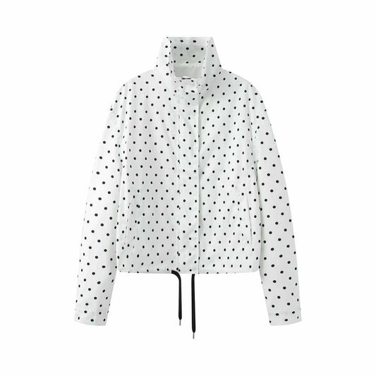 Sunzel Womens Polka Dot Coat, White Stand Collar Short Fall Outerwear, Long Sleeve Drawstring Hem Dress Coat with Pockets