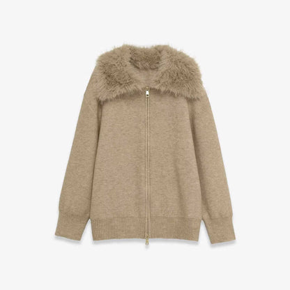 Sunzel WARM STYLISH KNIT COAT FOR WOMEN Faux Fur Collar Long Sleeve Zipper Cardigan Breathable Like Cotton Wrinkle-Resistant Perfect for Fall Winter Layering