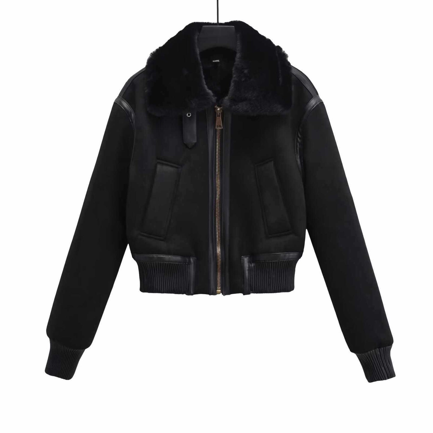 Sunzel Womens Cropped Bomber Jacket with Plush Collar, Black Zip Up Winter Coat, Suede Look Warm Short Outerwear with Pockets