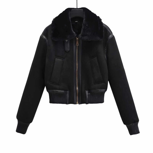Sunzel Womens Cropped Bomber Jacket with Plush Collar, Black Zip Up Winter Coat, Suede Look Warm Short Outerwear with Pockets
