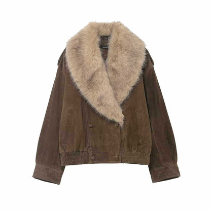 Sunzel Women's Faux Suede Bomber Jacket with Faux Fur Collar, Oversized Long Sleeve Colorblock Coat Fall Winter Outerwear
