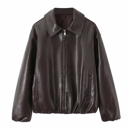 Sunzel Womens Faux Leather Bomber Jacket Oversized Zip Up Fall Coat with Pockets Casual Smoothing Flight Style Outerwear