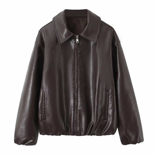 Sunzel Womens Faux Leather Bomber Jacket Oversized Zip Up Fall Coat with Pockets Casual Smoothing Flight Style Outerwear
