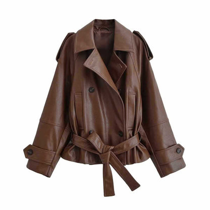 Sunzel Faux Leather Jacket Women Cropped Brown Bomber Trench Coat Belted Oversized Fall Winter Moto Outerwear with Pockets