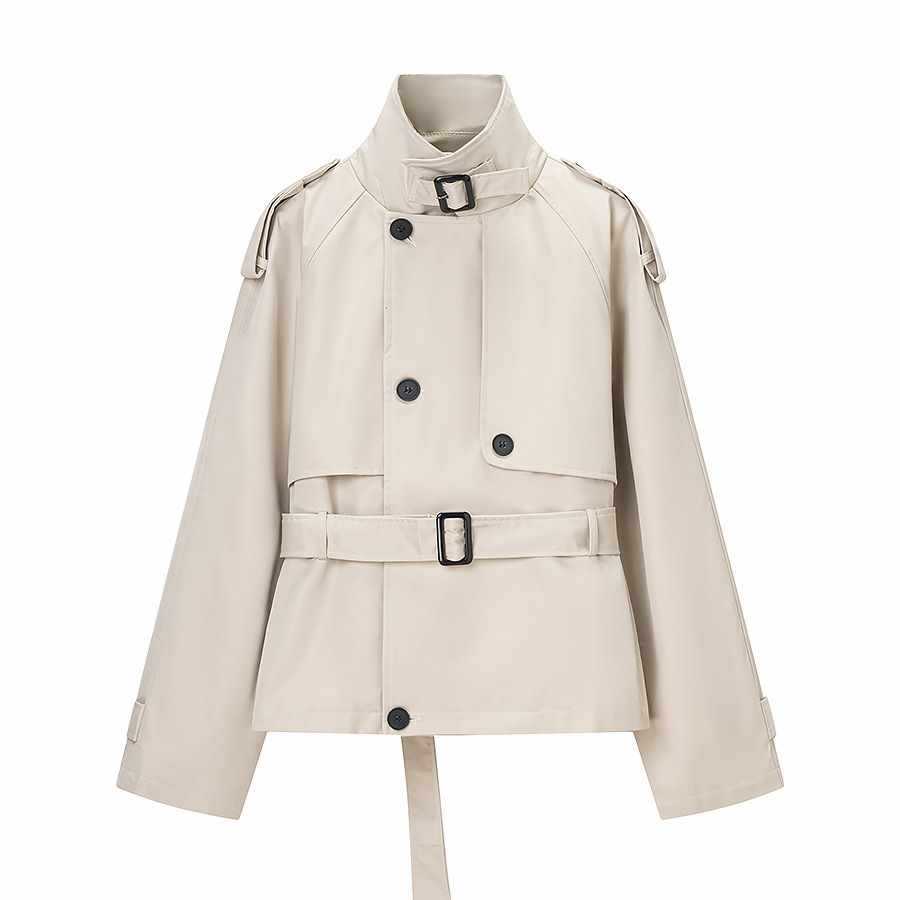 Sunzel Womens Short Trench Coat, Beige Stand Collar Belted Fall Outerwear, Button Front Long Sleeve Dress Coat No Pockets