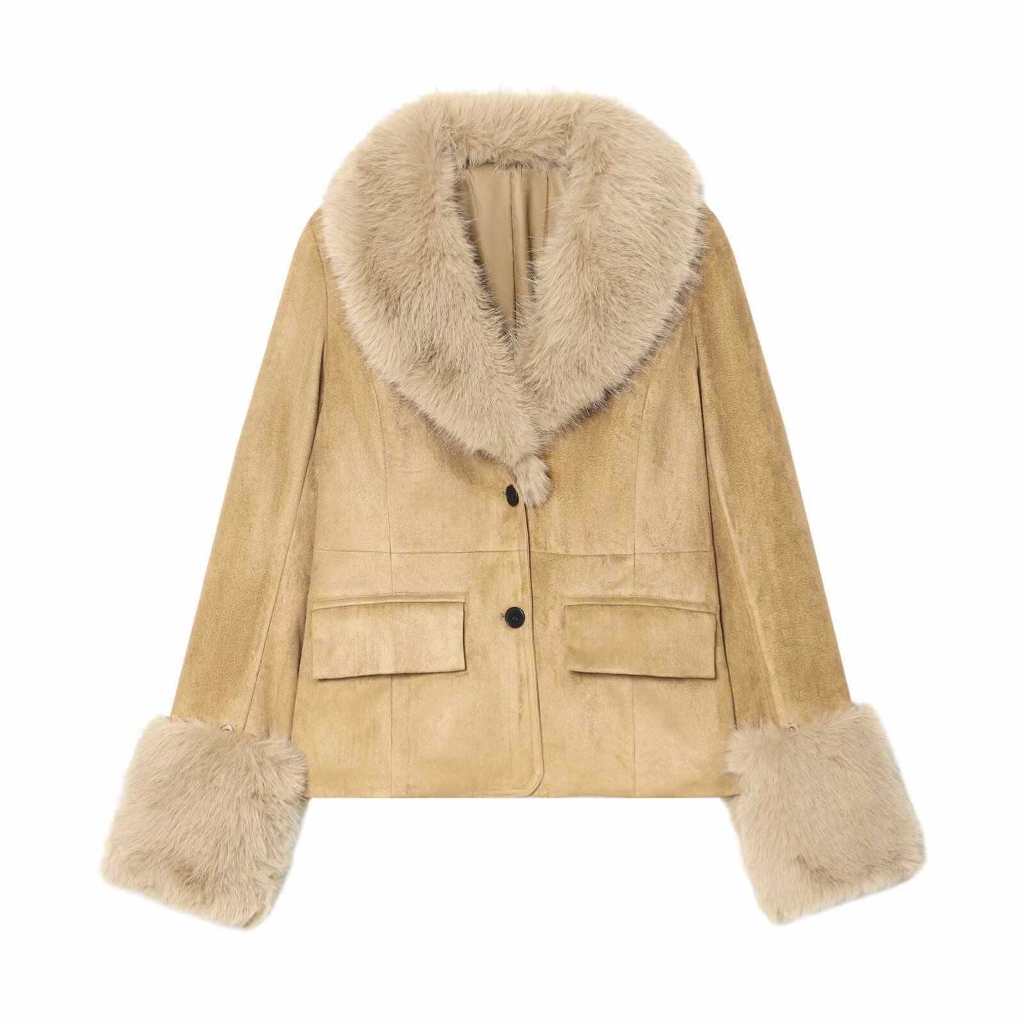 Sunzel Womens Faux Fur Coat Suede Look Short Winter Outerwear, Lapel Collar Button Front Warm Dress Coat with Pockets