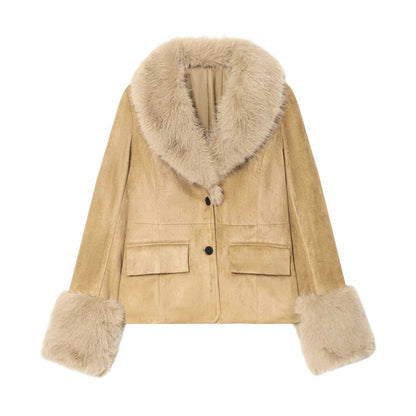 Sunzel Womens Faux Fur Coat Suede Look Short Winter Outerwear, Lapel Collar Button Front Warm Dress Coat with Pockets