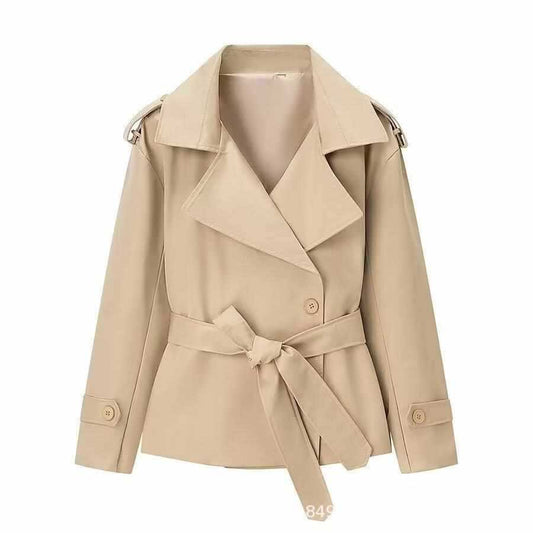 Sunzel Womens Belted Trench Coat, Beige Double Breasted Short Fall Outerwear, Lapel Long Sleeve Dress Coat No Pockets