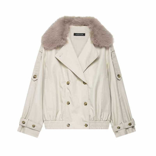 Sunzel Womens Short Trench Coat, Beige Stand Collar Belted Fall Outerwear, Button Front Long Sleeve Dress Coat No Pockets