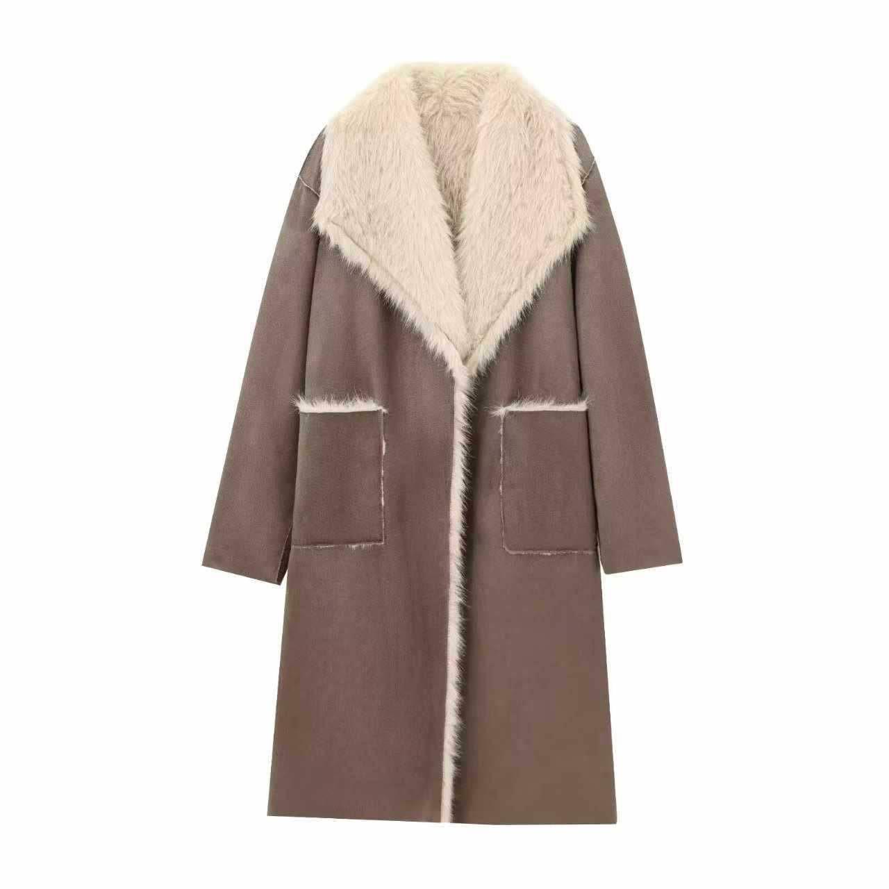 Sunzel Women Long Faux Fur Collar Coat Reversible Sherpa Overcoat with Pockets Winter Warm Elegant Longline Wrap Jacket