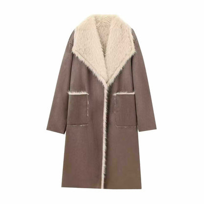Sunzel Women Long Faux Fur Collar Coat Reversible Sherpa Overcoat with Pockets Winter Warm Elegant Longline Wrap Jacket