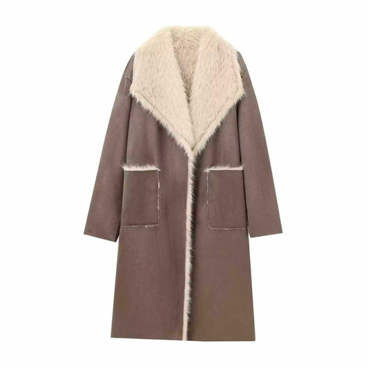 Sunzel Women Long Faux Fur Collar Coat Reversible Sherpa Overcoat with Pockets Winter Warm Elegant Longline Wrap Jacket