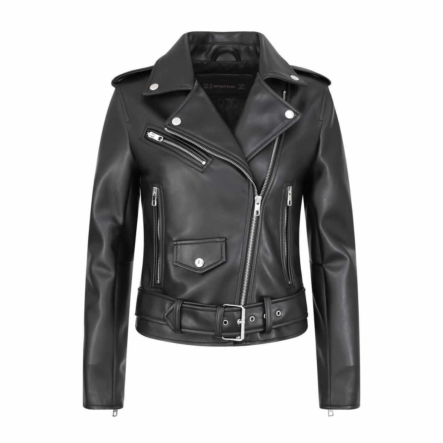 Sunzel Women's Faux Leather Moto Biker Jacket, Asymmetric Zip Cropped Coat with Belt & Silver Hardware, Classic Black Styles