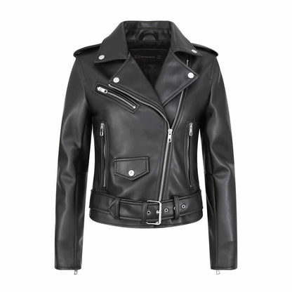 Sunzel Women's Faux Leather Moto Biker Jacket, Asymmetric Zip Cropped Coat with Belt & Silver Hardware, Classic Black Styles