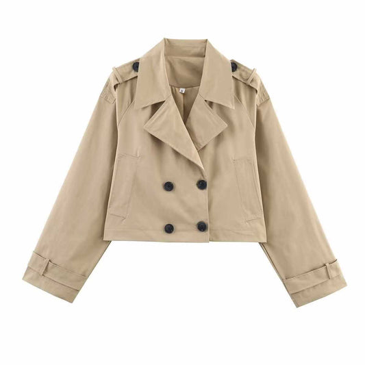 Sunzel Womens Cropped Trench Coat, Khaki Double Breasted Short Fall Outerwear, Lapel Collar Long Sleeve Dress Coat No Pockets
