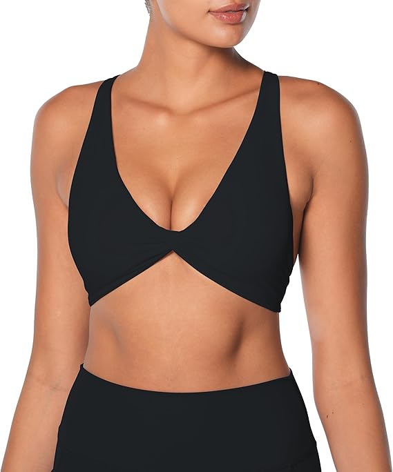 Sunzel Women's V-Neck Twist Sports Bra Low Impact with Removable Pads Cross Backless Straps Going Out Casual Padded Bralette